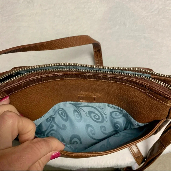 Brighton tan purse with blue patterned interior.  Built in wallet - Picture 9 of 10